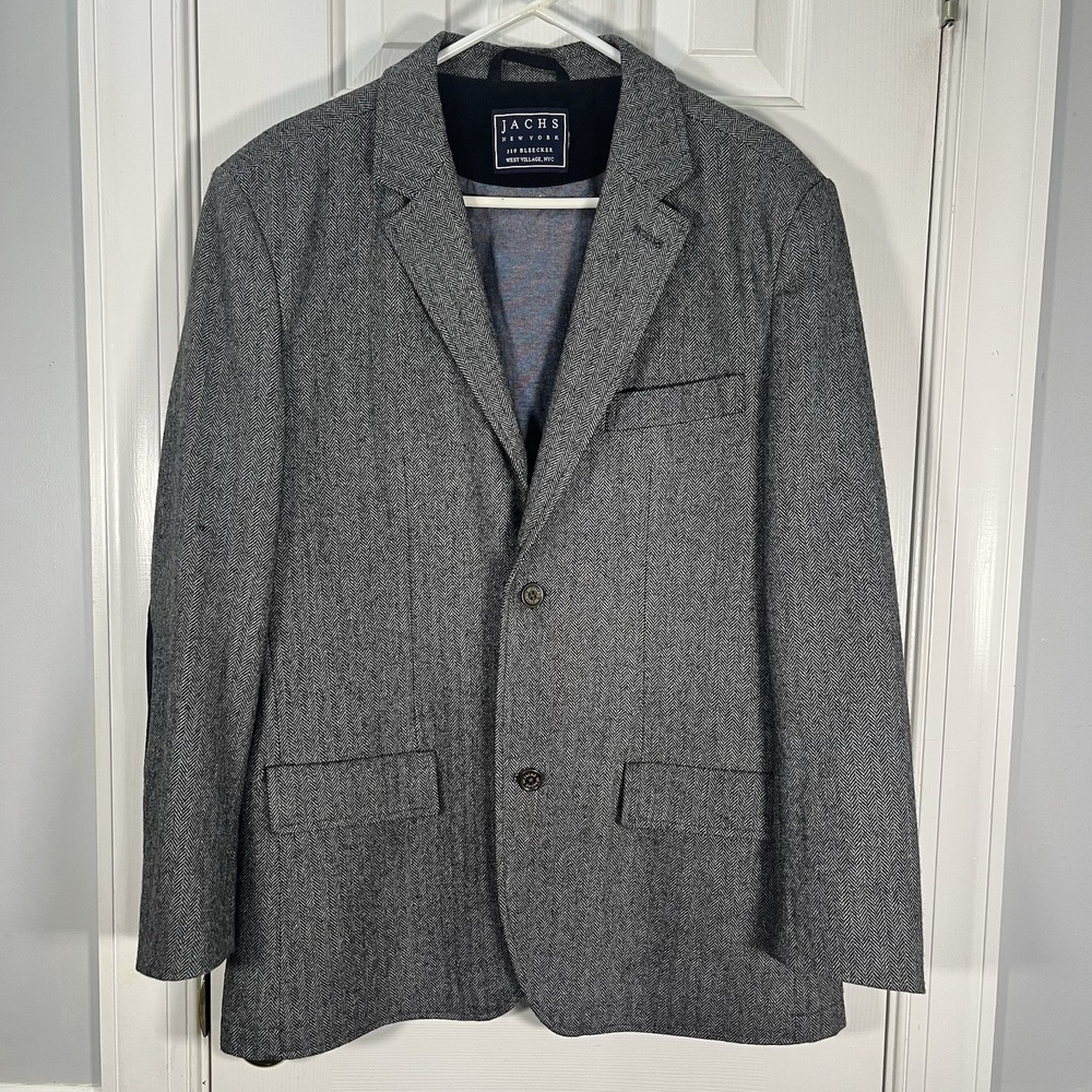 Tweed Herringbone Blazer Men's XL Elbow Patches Academic Professor Black‎ Gray